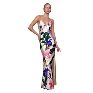 Borgo de Nor Olive Crepe Maxi Dress in Tree of Life Cream UK 10 US 6
